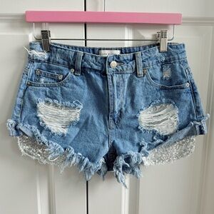 Sequin Pocket Denim Shorts - Size Small